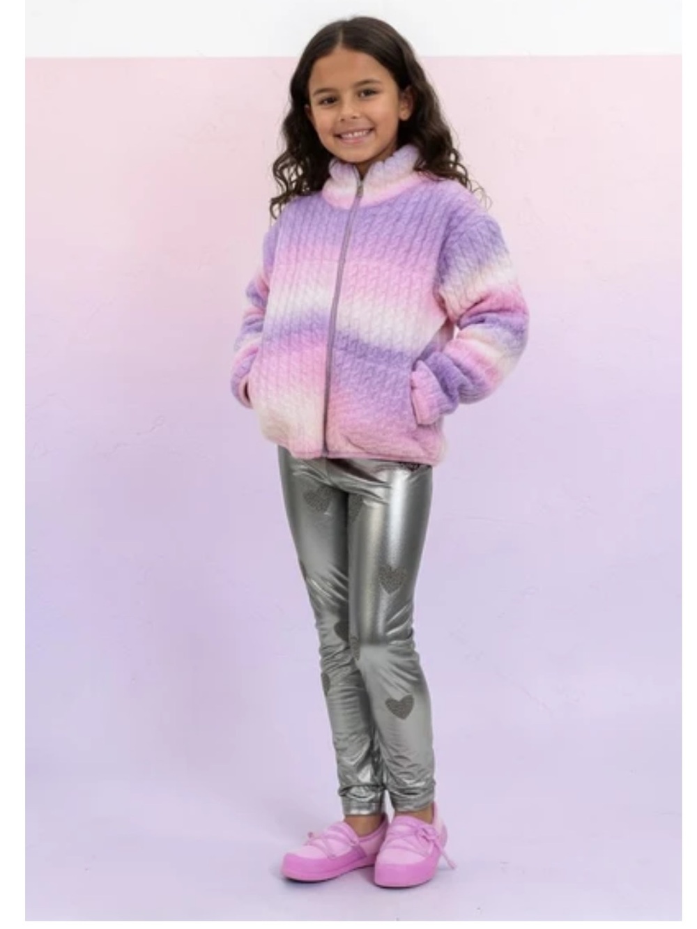 MIA Girls Pink and Purple Ombre Cable Knit Zip Jacket